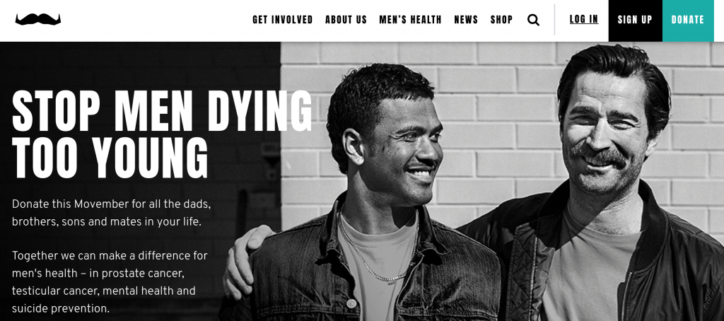 Movember 2018 WEbsite Homepage Screen Shot - Stop Men Dying Too Young